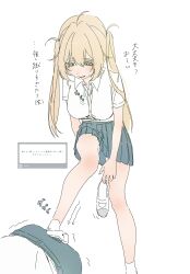  1girl 1other ahoge ass_visible_through_thighs bare_legs blonde_hair breasts commentary_request fan_request foot_on_another's_ass foot_out_of_frame green_eyes green_skirt hair_between_eyes highres holding holding_shoes holding_unworn_clothes large_breasts long_hair miniskirt original peing_(site) pleated_skirt request_inset shirt shoes short_sleeves simple_background skirt socks twintails unworn_shoes usurai_rairai uwabaki white_background white_shirt white_shoes white_socks 