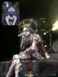  1girl 1other armor armored_boots boots bridal_veil cowlick crossed_legs crown eughfish eyepatch fan_screaming_at_madison_beer_(meme) gauntlets general_geega grey_hair halo indie_virtual_youtuber meme microphone music open_mouth photo_background singing sitting veil virtual_youtuber 