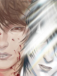  2boys black_hair blood brown_hair chapped_lips death death_note east_asian highres l_(death_note) light_rays lips looking_at_viewer male_focus margonika00 multiple_boys nose parted_lips red_eyes scene_reference spoilers upper_body yagami_light 