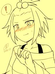 ! 1girl 9rimson bangs_pinned_back blush closed_mouth commentary_request flustered hair_bobbles hair_ornament hand_up highres looking_down monochrome pokemon pokemon_black_2_and_white_2 roxie_(pokemon) shirt short_hair simple_background single_bare_shoulder solo spoken_exclamation_mark spot_color upper_body yellow_background yellow_theme 