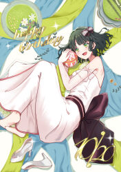  1girl :d ball bare_shoulders barefoot black_bow black_hair blunt_bangs bob_cut bow commentary_request dated dress elbow_gloves full_body gloves green_eyes hair_bow happy_birthday high_heels highres holding holding_ball link!_like!_love_live! looking_at_viewer love_live! lying mano_409 momose_ginko momose_ginko_(17th_birthday) on_side open_mouth shoes short_hair shoulder_blades smile solo strapless strapless_dress temari_ball unworn_shoes virtual_youtuber white_dress white_gloves white_shoes 