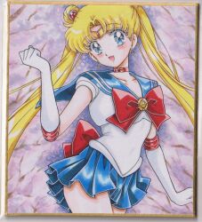  1girl :d arm_up back_bow bishoujo_senshi_sailor_moon blonde_hair blue_eyes blue_sailor_collar blue_skirt blush bow breasts cherry_blossoms chikoto_(kztc4472) choker clenched_hand collarbone commentary cowboy_shot crescent crescent_choker crescent_earrings double_bun earrings elbow_gloves forest gem gloves gold_tiara hair_bun hair_ornament head_tilt highres jewelry legs_together leotard lone_nape_hair long_hair looking_at_viewer magical_girl medium_breasts miniskirt nature open_mouth outdoors parted_bangs photo_(medium) picture_frame pleated_skirt red_bow red_choker red_gem red_trim sailor_collar sailor_moon sailor_senshi_uniform short_sleeves skirt smile solo standing tiara traditional_media transformation_brooch_(sailor_moon) tree tsukino_usagi twintails very_long_hair white_gloves white_leotard 