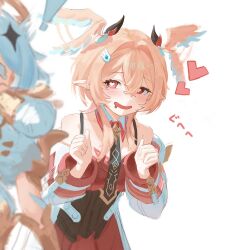  2girls crying crying_with_eyes_open detached_sleeves dress drooling feathered_wings floating genshin_impact hair_between_eyes heart heart-shaped_pupils highres kubu_fugu leaning_forward linnea_(genshin_impact) long_hair long_sleeves looking_at_another multiple_girls paimon_(genshin_impact) pink_eyes pink_hair red_dress simple_background smile standing symbol-shaped_pupils tears unworn_headwear white_background white_dress white_hair wing_flapping wings 