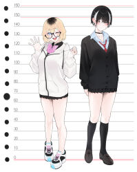  2girls ;d aki_(rerrere) ankle_socks black-framed_eyewear black_cardigan black_choker black_hair black_shirt black_shoes black_skirt black_socks blonde_hair blue_nails blue_shirt bow cardigan choker collarbone collared_shirt commentary_request diagonal-striped_bow diagonal-striped_clothes diagonal-striped_necktie drawstring dress_shirt glasses gradient_hair hair_ornament hairclip haru_(rerrere) highres hood hood_down hooded_jacket jacket loafers long_sleeves multicolored_hair multiple_girls nail_polish necktie one_eye_closed original pink_bow pleated_skirt puffy_long_sleeves puffy_sleeves red_necktie rerrere school_uniform shirt shoes short_hair skirt sleeves_past_wrists smile socks striped_bow striped_clothes two-tone_hair white_hair white_jacket white_shoes white_socks 