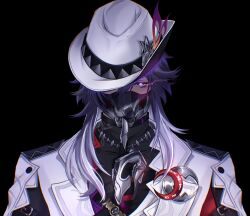  1boy ashveil_(honkai:_star_rail) black_hair black_shirt claw_ring commentary crescent crescent_pin fedora finger_to_mouth gradient_hair hat hat_ornament highres honkai:_star_rail honkai_(series) jacket jewelry lapel_pin long_hair male_focus mask mouth_mask multicolored_hair necklace shirt shushing solo supplicant_mask tooth_necklace turtleneck victuuria_a violet_eyes white_hair white_hat white_jacket 
