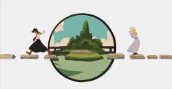  2girls absurdres black_hat black_shoes black_skirt blonde_hair blue_sky boots border brown_boots brown_eyes brown_hair bush closed_eyes commentary_request dress floating_rock full_body haruaki_(onkai_planaria) hat highres long_sleeves maribel_hearn mob_cap multiple_girls necktie purple_dress red_necktie round_border shirt shoes skirt sky sleeve_garter touhou usami_renko white_background white_hat white_shirt wide_shot 