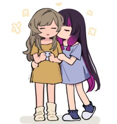  2girls =_= alternate_costume bare_shoulders black_hair blue_socks brown_hair closed_eyes closed_mouth columbina_(genshin_impact) cup english_commentary flower genshin_impact gradient_hair hair_undone hand_on_another's_arm hand_on_another's_waist holding holding_cup kiss kissing_cheek long_hair monchizu multicolored_hair multiple_girls purple_hair purple_streaks sandrone_(genshin_impact) shirt short_sleeves sidelocks simple_background slippers socks streaked_hair t-shirt two-tone_hair very_long_hair yellow_socks yuri 