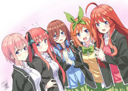  5girls :d asahiyama_high_school_uniform blue_eyes brown_hair butterfly_hair_ornament go-toubun_no_hanayome green_hairband green_ribbon green_skirt hair_between_eyes hair_ornament hairband headphones headphones_around_neck highres long_hair_between_eyes multiple_girls nakano_ichika nakano_itsuki nakano_miku nakano_nino nakano_yotsuba orange_hair pink_hair quintuplets red_hair ribbon school_uniform sekiya_kuzuyu siblings signature simple_background sisters skirt smile standing star_(symbol) star_hair_ornament sweater_vest yellow_sweater_vest 