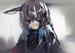  1girl amiya_(arknights) animal_ears arknights bags_under_eyes bandage_over_one_eye black_eyes black_jacket blood blood_on_face brown_hair closed_mouth empty_eyes grey_background hair_between_eyes jacket long_hair looking_at_viewer material_growth one_eye_covered oripathy_lesion_(arknights) rabbit_ears rabbit_girl sad_smile smile solo sukima_(crie) upper_body 