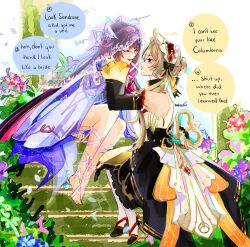  2girls bare_shoulders black_collar black_hair black_sleeves blue_eyes blush bonnet brown_hair closed_eyes collar columbina_(genshin_impact) detached_collar detached_sleeves dress english_commentary english_text eye_mask flower genshin_impact gloves gradient_hair hair_ornament hair_ribbon hand_on_another's_head head_wings headdress highres invisible_shoes leg_ribbon long_hair long_sidelocks long_sleeves mask multicolored_hair multiple_girls multiple_wings open_mouth purple_hair purple_streaks ribbon sandrone_(genshin_impact) see-through_clothes see-through_mask see-through_veil short_hair_with_long_locks sidelocks sitting sitting_on_stairs smile stairs streaked_hair two-tone_hair veil very_long_hair white_dress white_headdress white_mask white_veil white_wings winding_key wing_hair_ornament wings wrist_bow x-shaped_eyewear yuri zahauku 