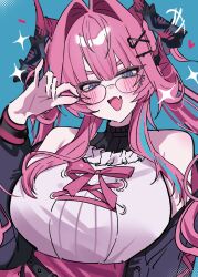  +++ 1girl :d adjusting_eyewear alternate_costume arknights arknights:_endfield bare_shoulders black_horns blue_background blue_streaks blush breasts commentary dos_dos121 dragon_girl dragon_horns fang hair_intakes hair_on_horn hair_ornament hairclip hand_up heart highres horns large_breasts long_hair long_sleeves looking_at_viewer multicolored_hair multicolored_horns narrowed_eyes pink_hair pink_horns pinky_out skin_fang smile star_(symbol) streaked_hair tsurime yvonne_(arknights) 