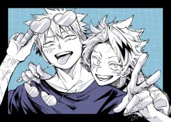  2boys aon56 arm_up bakugou_katsuki black_border blue_background blush boku_no_hero_academia border choker collarbone commentary crew_neck grid_background grin heart heart-shaped_eyewear highres holding holding_removed_eyewear kaminari_denki looking_at_viewer male_focus multicolored_hair multiple_boys parted_hair sanpaku scar scar_on_cheek scar_on_face shirt sketch smile streaked_hair teeth tongue tongue_out unworn_eyewear upper_body 