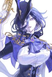  1girl antique_firearm ascot black_corset blue_cape blue_hair breasts cape corset epaulettes fold-over_gloves framed_breasts genshin_impact gun hair_between_eyes hat hat_feather highres hsmtmg large_breasts long_hair long_hair_between_eyes looking_at_viewer parted_lips purple_ascot shirt simple_background solo taut_clothes taut_shirt tricorne violet_eyes weapon white_background 
