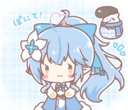  1girl ahoge blue_bow blue_cloak blue_hair blue_scarf blush_stickers bow brown_eyes chibi cloak closed_mouth daifuku_(yukihana_lamy) fur-trimmed_cloak fur_trim gradient_hair hair_bow heart heart_ahoge hololive long_hair mitarashi_neko mouth_hold multicolored_hair notice_lines pink_hair pointy_ears pompadour ponytail scar scar_across_eye scar_on_face scarf shirt smile stalk_in_mouth streaked_hair translation_request very_long_hair virtual_youtuber white_shirt yukihana_lamy 