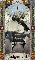  1boy bird black_coat black_gloves black_hair blue_background blue_border blue_sky border braid cape card_(medium) clouds cloudy_sky coat commentary_request covering_own_mouth english_text fish floral_border flower flower_ornament fur-trimmed_cape fur_trim gloves grey_hair half_up_braid hand_up highres judgement_(tarot) long_sleeves looking_to_the_side male_focus medium_hair multicolored_hair original profile sky snowing solo star_(symbol) tarot tarot_(medium) thai_commentary two-tone_hair unholymilk upper_body water wheat_field white_flower wolf 