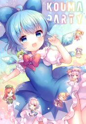  6+girls :d =_= absurdres ahoge apron aqua_eyes ascot bat_wings beret blonde_hair blue_bow blue_dress blue_eyes blue_hair blush book bow breasts chibi cirno coa_(chroo_x) cover cover_page crescent crescent_hat_ornament crystal daiyousei doujin_cover dress embodiment_of_scarlet_devil fairy_wings flandre_scarlet frilled_dress frilled_shirt_collar frills green_hair hair_bow hat hat_ornament head_wings highres holding holding_book hong_meiling ice ice_wings izayoi_sakuya koakuma long_hair long_sleeves maid maid_apron maid_headdress mob_cap multiple_girls one_eye_closed open_mouth outstretched_arms patchouli_knowledge pinafore_dress puffy_short_sleeves puffy_sleeves purple_hair red_ascot red_eyes red_hair red_ribbon remilia_scarlet ribbon rumia short_hair short_sleeves side_ponytail sleeveless sleeveless_dress small_breasts smile sparkle star_(symbol) star_hat_ornament striped_clothes striped_dress thighs third-party_source touhou upper_body vertical-striped_clothes vertical-striped_dress violet_eyes wings 