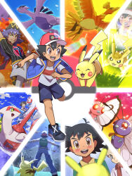  3boys :3 ^_^ antenna_hair arm_up baseball_cap bird black_hair black_hat black_shirt black_shoes blue_shorts blue_vest blush brown_eyes butterfree champion_uniform charizard closed_eyes closed_mouth commentary_request dynamax electricity flying gigantamax gigantamax_charizard grin hat highres ho-oh inana_umi latias latios leon_(pokemon) lugia multiple_boys multiple_views open_clothes open_mouth open_vest orange_scarf pikachu poke_ball poke_ball_(basic) poke_ball_symbol pokemon pokemon_(anime) pokemon_(classic_anime) pokemon_(creature) pokemon_journeys professor_oak rainbow_feather_(pokemon) red_hat riding riding_pokemon scarf scene_reference shirt shoes short_hair short_sleeves shorts smile spearow storm t-shirt tearing_up teeth upper_teeth_only v-shaped_eyebrows vest white_shirt white_shorts wingull yellow_eyes 