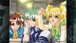  2000s_(style) 3girls :d anime_coloring atelier-moo blonde_hair blue_capelet bow breasts bridal_gauntlets brown_eyes brown_hair capelet closed_mouth coat collarbone colored_tips earrings elbow_gloves elbow_rest elf elle_louise game_cg gloves green_eyes green_hair hair_between_eyes hair_bow hand_on_own_cheek hand_on_own_face head_rest holding indoors jewelry large_breasts long_hair maria_short medium_hair multicolored_hair multiple_girls non-web_source official_art open_mouth pointy_ears shirt short_hair short_twintails small_breasts smile standing trisha_foster twintails yellow_bow yellow_eyes yuukyuu_gensoukyoku 
