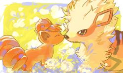  arcanine brown_eyes closed_eyes highres looking_at_another no_humans orange_fur pokemon pokemon_(creature) seta629211 vulpix yellow_fur 