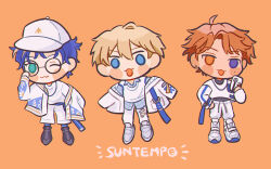  3boys :3 ahoge astel_leda baseball_cap black_shoes blonde_hair blue_eyes blue_hair blush_stickers chibi collared_shirt commentary_request glasses gori3po green_eyes group_name hat heterochromia holding holding_phone holostars jacket kishido_temma male_focus mole mole_under_eye multiple_boys official_alternate_costume one_eye_closed open_mouth orange_background orange_eyes orange_hair pants phone round_eyewear shirt shoes short_hair simple_background sleeves_past_fingers sleeves_past_wrists sneakers suntempo sweater_vest sweatpants violet_eyes virtual_youtuber white_hat white_jacket white_pants white_shirt white_shoes white_sweater_vest yukoku_roberu 