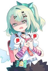  1girl arm_warmers asymmetrical_bangs backpack bag bandaid bandaid_hair_ornament black_choker black_skirt cat_hair_ornament cellphone choker cowboy_shot fang fur-trimmed_skirt fur_trim green_eyes green_hair hair_ornament hands_on_own_chest heart heart_hair_ornament highres holding holding_phone looking_at_viewer medium_hair miyako_draw necktie open_mouth own_hands_together phone pink_arm_warmers pink_bag ponytail randoseru red_necktie sad school_bag shaded_face shirt simple_background single_hair_intake single_sidelock skirt smartphone solo spoken_thumbs_down striped_arm_warmers sunna_(zenless_zone_zero) tearing_up thumbs_down white_background white_shirt x_hair_ornament zenless_zone_zero 