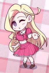  1girl absurdres blonde_hair brown_shoes happy highres himitsumichi_(love_live!) ikizulive!_love_live!_bluebird konohana_aurora loafers long_hair love_live! red_shirt red_skirt shirt shoes sivematsu skirt socks solo violet_eyes what_is_my_life?_(love_live!) 