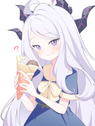  1girl ? absurdres ahoge alternate_costume belt black_belt black_horns blue_archive blush bow bowtie commentary crepe demon_horns dress food food_on_face halo highres hina_(blue_archive) holding holding_food horns long_hair long_sidelocks looking_at_viewer multiple_horns parted_bangs petako_(ptpt_k) purple_halo sailor_collar sailor_dress short_sleeves sidelocks simple_background smile solo upper_body very_long_hair violet_eyes white_background white_hair yellow_bow yellow_bowtie yellow_sailor_collar 