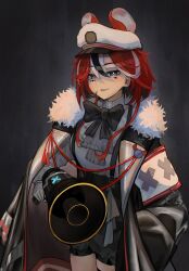  1girl absurdres animal_ear_fluff animal_ears ascot black_bow black_hair black_jacket black_shorts black_streaks blue_eyes bow diamond_(shape) diamond_facial_mark double-parted_bangs ears_through_headwear facial_mark frilled_shirt frills fur-trimmed_jacket fur_trim hair_between_eyes hakos_baelz hakos_baelz_(steel_rose) hat heart heart_facial_mark highres holding holding_megaphone hololive hololive_english jacket jacket_on_shoulders light_smile looking_at_viewer m3ru medium_hair megaphone mouse_ears multicolored_hair peaked_cap red_hair red_lips sharp_teeth shirt short_hair_with_long_locks shorts smile streaked_hair teeth upper_body virtual_youtuber white_hair white_hat white_shirt x_(symbol) x_facial_mark 