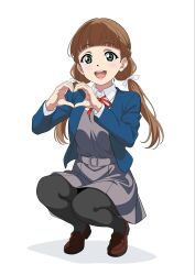  1girl :d black_pantyhose blue_jacket brown_hair brown_shoes collared_shirt commentary dress full_body green_eyes grey_dress hair_ribbon heart heart_hands highres jacket loafers long_sleeves looking_at_viewer love_live! love_live!_superstar!! love_love_comedy neck_ribbon open_clothes open_jacket open_mouth pantyhose pinafore_dress pleated_dress red_ribbon ribbon sakurakoji_kinako shirt shoes short_dress sleeveless sleeveless_dress smile solo squatting teeth upper_teeth_only white_ribbon white_shirt 