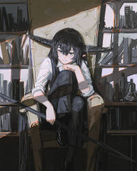  1girl black_eyes black_hair black_horns black_pants black_shoes black_vest blackout_(pluvium_grandis) bookshelf chair closed_mouth collared_shirt commentary double-parted_bangs expressionless feet_on_chair full_body hair_between_eyes hair_flowing_over head_rest highres holding holding_polearm holding_weapon horn_ornament horns long_hair looking_at_viewer on_chair original painterly pants pluvium_grandis pointy_ears polearm shirt shoes sitting sleeves_rolled_up solo very_long_hair vest weapon window_shadow 