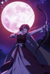  1girl absurdres ai-generated akatsuki_no_yona archery bow_(weapon) cloak dress full_body full_moon highres hood hooded_cloak moon red_dress red_hair serious weapon yona_(akatsuki_no_yona) 