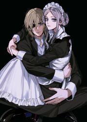  1boy 1girl alternate_costume amikoiiko apron arms_around_neck black_background black_dress black_shoes black_suit blonde_hair blue_eyes blue_socks butler closed_mouth collared_shirt dimitri_alexandre_blaiddyd dimitri_alexandre_blaiddyd_(timeskip) double_bun dress edelgard_von_hresvelg edelgard_von_hresvelg_(timeskip) enmaided expressionless eyepatch fingernails fire_emblem fire_emblem:_three_houses formal_clothes frilled_apron frills full_body hair_between_eyes hair_bun highres holding indian_style juliet_sleeves lapels loafers long_hair long_sleeves looking_at_viewer maid maid_apron maid_headdress medium_hair mismatched_eyebrows notched_lapels one_eye_covered pants pink_lips puffy_sleeves red_ribbon ribbon shirt shoes simple_background sitting sitting_on_lap sitting_on_person sitting_sideways socks straight-on suit thick_lips violet_eyes white_apron white_hair white_shirt white_wrist_cuffs wrist_cuffs 