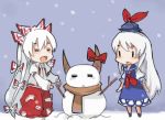  :&lt; =_= bad_id chibi fujiwara_no_mokou horn_ribbon horns kamishirasawa_keine long_hair multiple_girls open_mouth ribbon ribbons scarf simple_background smarttiger snow snowing snowman touhou white_hair |_| 