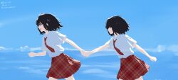  2girls amakura_mayu amakura_mio black_eyes black_hair blue_sky closed_mouth clouds collared_shirt commentary_request cowboy_shot dated day fatal_frame fatal_frame_ii:_crimson_butterfly flwct from_side highres holding_hands horizon looking_ahead looking_at_another miniskirt multiple_girls necktie ocean outdoors parted_lips plaid_clothes plaid_necktie plaid_skirt profile red_necktie red_skirt school_uniform shirt shirt_tucked_in short_hair short_sleeves siblings sisters skirt sky smile standing twins twitter_username water white_shirt 
