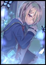  1girl absurdres black_border black_socks blonde_hair blue_butterfly blue_jacket blurry blurry_background blush border bug butterfly closed_mouth collared_shirt commentary_request eyelashes feet_out_of_frame from_side frown hair_ornament hair_over_one_eye hairclip hand_up heaven_burns_red highres jacket kayamori_ruka knee_up kneehighs light_particles long_bangs long_sleeves looking_at_viewer miniskirt necktie one_eye_covered parallel_hairclips plaid_clothes plaid_skirt pleated_skirt red_eyes red_necktie shirt short_hair siromochino sitting skirt socks solo split_mouth underlighting white_shirt 