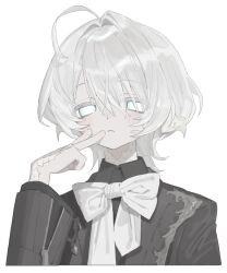  1girl absurdres ahoge androgynous au_ra black_jacket blue_eyes blush bow bowtie bright_pupils collared_shirt commentary_request cropped_torso dragon_girl dragon_horns final_fantasy final_fantasy_xiv fingers_to_cheek frown hair_between_eyes highres horns jacket long_sleeves mumukyabi pale_skin shirt short_hair sidelocks simple_background sleeve_zipper solo upper_body warrior_of_light_(ff14) white_background white_bow white_bowtie white_hair white_pupils white_scales 