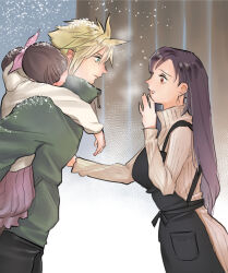  1boy 2girls alternate_costume apron black_apron black_hair blonde_hair breasts breath brown_hair carrying cloud_strife commentary_request cowboy_shot final_fantasy final_fantasy_vii final_fantasy_vii:_advent_children from_side green_jacket hair_ribbon highres hood hoodie jacket large_breasts long_sleeves looking_at_another marlene_wallace multiple_girls oqm_ohc piggyback pink_ribbon profile ribbed_sweater ribbon snowing spiky_hair sweater tifa_lockhart turtleneck turtleneck_sweater white_hoodie white_sweater winter_clothes 
