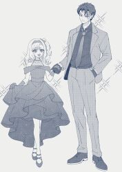  1boy 1girl :d alternate_costume burn_scar cocktail_dress collared_shirt crossed_legs dress formal_clothes full_body gloves grey_background greyscale hairband hand_in_pocket highres holding_hands holding_own_dress j_(reverse:1999) jacket looking_at_another looking_at_viewer matilda_bouanich medium_dress medium_hair milmil7 monochrome necktie one_side_up open_mouth pants reverse:1999 scar scar_on_face shirt shirt_tucked_in shoes short_hair sleeveless sleeveless_dress smile sparkle standing suit watson_cross 