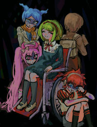  2girls 3boys absurdres aoiringo black_dress black_socks blue_hair bow brown_hair brown_shoes closed_eyes closed_mouth commentary_request crying crying_with_eyes_open daimon_masaru_(danganronpa) danganronpa_(series) danganronpa_another_episode:_ultra_despair_girls despair dress eyelashes fake_horns from_behind green_hair hair_bow hair_horns hairband headphones highres horns kemuri_jataro kneehighs long_hair long_sleeves multiple_boys multiple_girls neck_ribbon no_mask open_mouth pink_eyes pink_hair pink_hairband red_hair red_hairband red_ribbon ribbon scarf shaded_face shingetsu_nagisa shoes short_hair short_sleeves sitting smile socks tears towa_monaca utsugi_kotoko very_long_hair wheelchair yellow_scarf 