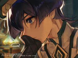  ... 1boy akademiya_uniform alternate_costume armor artist_name bags_under_eyes beret black_bridal_gauntlets black_hair blunt_ends blurry blurry_background bridal_gauntlets closed_mouth eyelashes eyeliner gem genshin_impact green_gem green_hat green_robe hand_on_own_face hat highres indoors instagram_username japanese_armor kote kurokote looking_to_the_side makeup male_focus mik0chn multicolored_hair purple_hair red_eyeliner robe scaramouche_(genshin_impact) solo spoken_ellipsis streaked_hair violet_eyes watermark 