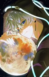  1boy absurdres artemis_program artist_name black_jacket blue_eyes closed_mouth commentary curly_hair ear_piercing elio_(honkai:_star_rail) ethenfin full_moon grey_hair hair_between_eyes head_tilt highres honkai:_star_rail honkai_(series) hood hood_up hugging_object jacket leaning_forward leaning_on_object looking_at_viewer looking_to_the_side messy_hair moon moonlight neon_lights piercing shaded_face sky solo space star_(sky) starry_sky symbol-shaped_pupils twitter_username untranslatable_commentary upper_body 