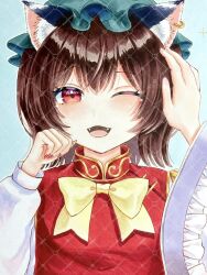  animal_ear_fluff animal_ears blush breasts brown_hair cat_ears cat_girl chen clenched_hands collared_shirt commentary_request earrings eyelashes fangs hair_ornament hands_up hat headpat highres jewelry marker_(medium) matcha_gr mob_cap one_eye_closed open_mouth red_eyes red_vest ribbon shirt short_hair simple_background single_earring small_breasts smile touhou traditional_media vest white_sleeves yellow_ribbon 