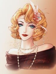  aqua_eyes bare_shoulders black_dress character_name dress eyelashes eyeshadow flower hair_flower hair_ornament head_chain head_tilt highres jewelry lady_pearl_(path_to_nowhere) makeup mole mole_under_eye necklace orange_hair parted_lips path_to_nowhere pearl_necklace pink_flower purple_eyeshadow red_lips short_hair vocaloid004 