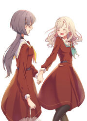  2girls :d ^_^ aqua_neckerchief black_pantyhose blush brown_dress ceras_yanagida_lilienfeld closed_eyes closed_umbrella commentary_request dress edel_note facing_another feet_out_of_frame hair_ornament hasu_no_sora_school_uniform highres holding holding_hands holding_umbrella katsuragi_izumi link!_like!_love_live! long_sleeves love_live! mano_409 multiple_girls neckerchief open_mouth orange_eyes pantyhose profile sailor_collar sailor_dress school_uniform simple_background smile transparent transparent_umbrella triangle_hair_ornament umbrella virtual_youtuber white_background white_sailor_collar winter_uniform yellow_neckerchief 