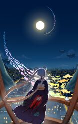  1girl absurdres aircraft airship arms_behind_back back_cutout cho_kaguya-hime! cityscape clothing_cutout clouds commentary english_commentary ezbottt feet_out_of_frame fish from_behind full_moon fushi_(cho_kaguya-hime!) hair_ornament hair_rings hair_stick halterneck highres japanese_clothes kimono long_hair long_sleeves moon multicolored_hair pink_hair purple_kimono purple_nails railing runami_yachiyo twintails two-tone_hair very_long_hair white_hair 