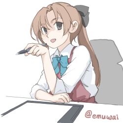  1girl akigumo_(kancolle) aqua_shirt brown_hair collared_shirt drawing_tablet dress dress_shirt emuwai grey_eyes halter_dress halterneck kantai_collection left-handed long_hair looking_at_viewer one-hour_drawing_challenge ponytail purple_dresss shirt simple_background solo stylus twitter_username upper_body white_background white_shirt 