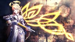 1girl absurdres angel_with_a_shotgun asymmetrical_wings bare_shoulders blonde_hair blue_eyes breasts brick_wall closed_mouth detached_sleeves dress energy_wings genshin_impact gun halo highres holding holding_weapon littleredhoodd long_hair long_sleeves medium_breasts multicolored_dress nicole_reeyn shotgun sidelighting single_wing solo weapon white_dress winchester_model_1887 wings yellow_halo