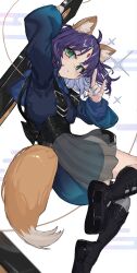 1girl animal_ears arm_belt black_boots blue_nails blue_shirt boots cho_kaguya-hime! colored_inner_hair commentary_request floating forehead_jewel fox_ears fox_girl fox_shadow_puppet fox_tail full_body gem green_eyes highres holding holding_instrument hood hoodie instrument levitation looking_at_viewer multicolored_hair nail_polish pleated_skirt purple_hair ranf red_gem sakayori_iroha see-through_clothes see-through_skirt shirt short_hair simple_background skirt solo sparkle tail two-tone_hair white_background 