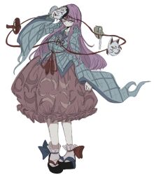  1girl aqua_shirt commentary floating_mask full_body hata_no_kokoro highres holding holding_mask long_hair mask narurichan pink_hair pink_skirt shirt skirt socks solo touhou untranslatable_commentary very_long_hair white_background white_socks wide_sleeves yellow_eyes 
