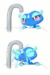  blue_skin bright_pupils colored_skin faucet gecqua highres kinakomochi_(kazuna922) looking_at_viewer no_humans pokemon pokemon_(creature) slit_pupils tongue tongue_out violet_eyes water white_pupils 
